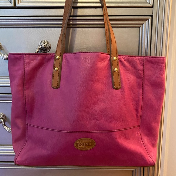 Fossil Handbags - Fossil purple brown leather tote handbag bag